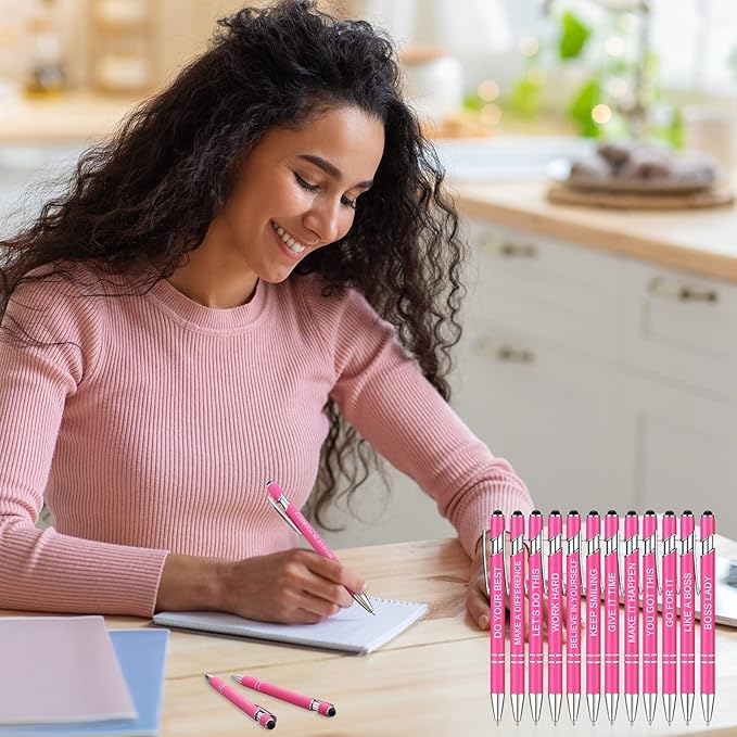 Zonon 12 Pcs Inspirational Pens Bulk Funny Ballpoint Pen with Stylus Tip Motivational Gifts for Valentine's Day Teacher Coworkers Nurse School Office Supplies(Pink,Boss Lady)
