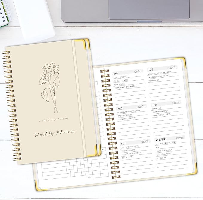 Undated Weekly Planner with Metal Corner Hardcover Notebook , A5 Size Journal with To Do List Planner, Habit Tracker,Weekly Goals for ADHD,Student, Office, Women, Men ,Gifts,6 x 8 inches,Spiral Bindding ,Beige