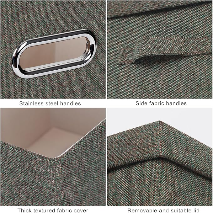 Graciadeco Large 17" 36 Quart Collapsible Stackable Storage Bins with Lids, 3 Packs Dark green Foldable Fabric Closet Storage Boxes with Lids, Heavy-duty Linen Cube Baskets(17x12x11)
