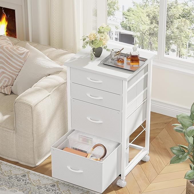 4 Drawers Mobile File Cabinet Vertical Filing Cabinet with Fabric Drawer Fits A4/Letter Size Printer Stand for Home Office,White
