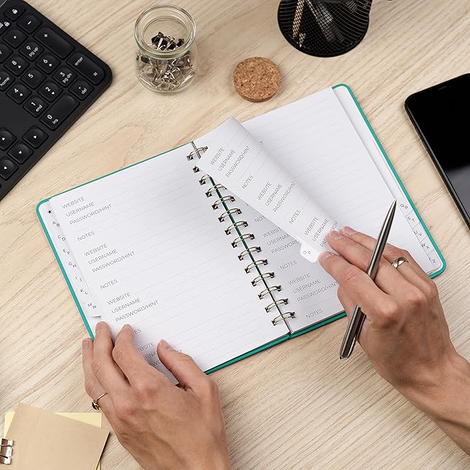 Clever Fox Password Book Spiral – Internet Address & Password Organizer with Laminated Alphabetical Tabs – Password Keeper Journal – Hardcover, Medium Size, 6.1x7.7” (Turquoise)