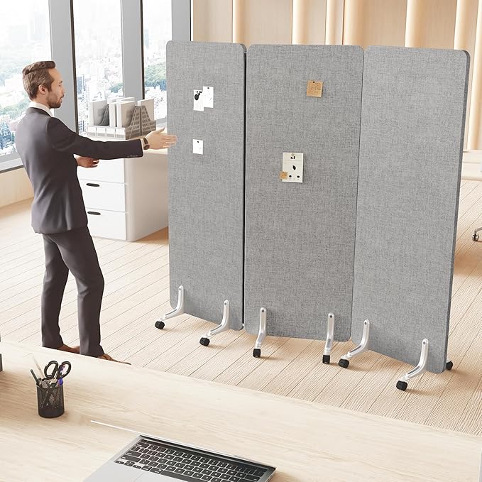 MORDEER 70.8" W x 63" H Freestanding Partition Room Dividers, Acoustic Panels with Wheels, 3 Soundproof Privacy Panels for Office, Reception Room, School, Hospital, Light Grey