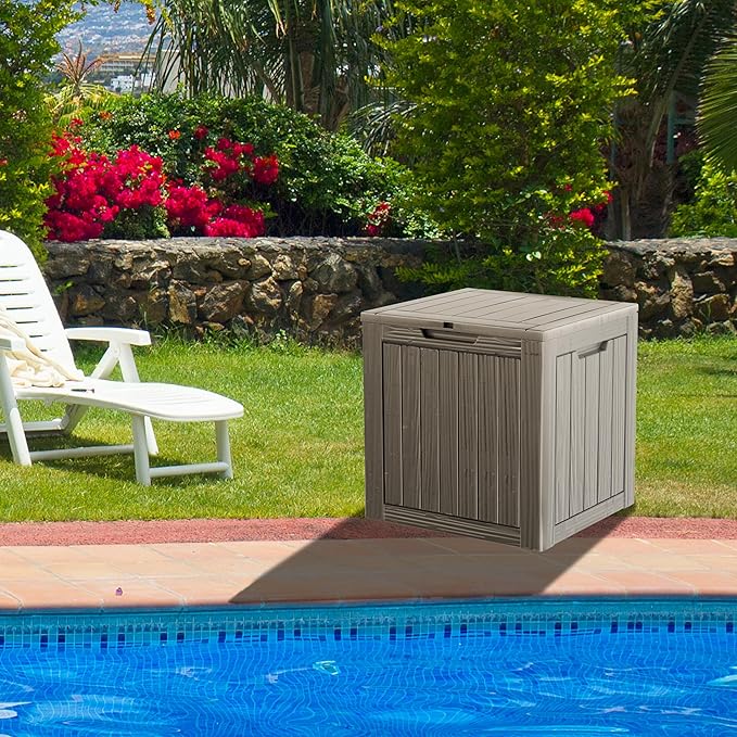 PATIOEASY Outdoor Storage Box 30GAL Waterproof Resin Deck Box,UV-Resistant Lockable Package Delivery Bin for Garden Tools,Small Patio Outside Cushions,Pool Accessories Supplies,Chest,Furniture,Brown