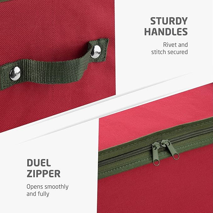ZOBER Underbed Christmas Ornament Storage Box - Stores 64 3" Ornaments, With Dividers - Tear Proof 600D Oxford Fabric, Ornament Organizer Storage Box, Durable Christmas Containers Holder - Red