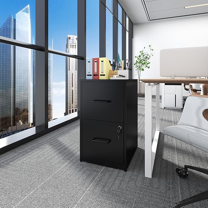 Yukimo 2 Drawer File Cabinet with Lock, Vertical File Cabinet with Lock, Locking File Cabinet Hanging Files for A4/ Legal/Letter, Require Assembly, Black