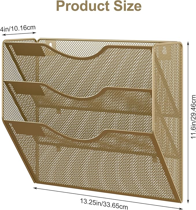 EasyPAG 3 Pocket Mesh Wall File Organizer, Hanging Paper Folder Holder with Classify Label, Vertical Wall Mount Mail Organizer for Office Home Classroom, Gold