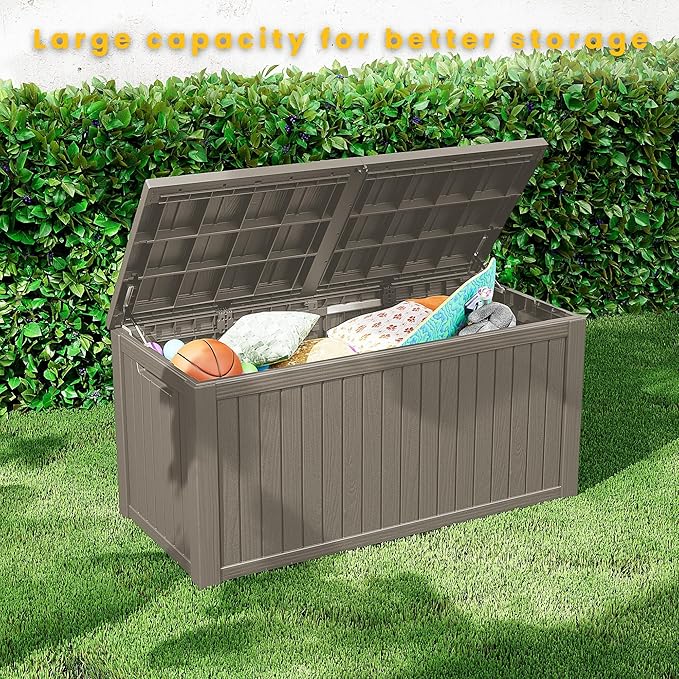 Yardgrace 210 Gallon Outdoor Storage Bench Waterproof - Resin Deck Storage Chest for Patio & Pool, Lockable Outdoor Storage Box for Cushions & Tools, UV-Resistant, Granite Grey
