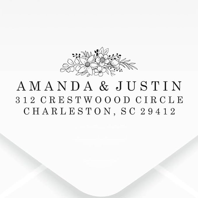 Custom Floral Address Stamp | Choose from 12 Designs | Multiple Ink Color Options | Envelope Return Address Stamp for Couple or Family (Design 5, Large)