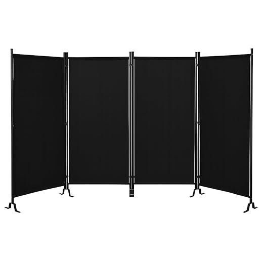 Proman Products - Galaxy 4 Panel Section Privacy Folding Screen Divider, Water Repellent Fabric Room Divider with Black Powder Coated Metal Frame for Indoors or Outdoors (Black)