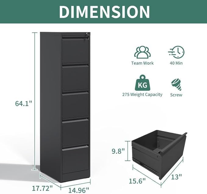 FLIXELIO 5 Drawer File Cabinet with Lock,Metal Vertical Filing Cabinets for Home Office,Heavy Duty File Storage Cabinet for Letter/Legal/A4/F4 Size File,Assembly Require (Black, Vertical 5 Drawer)