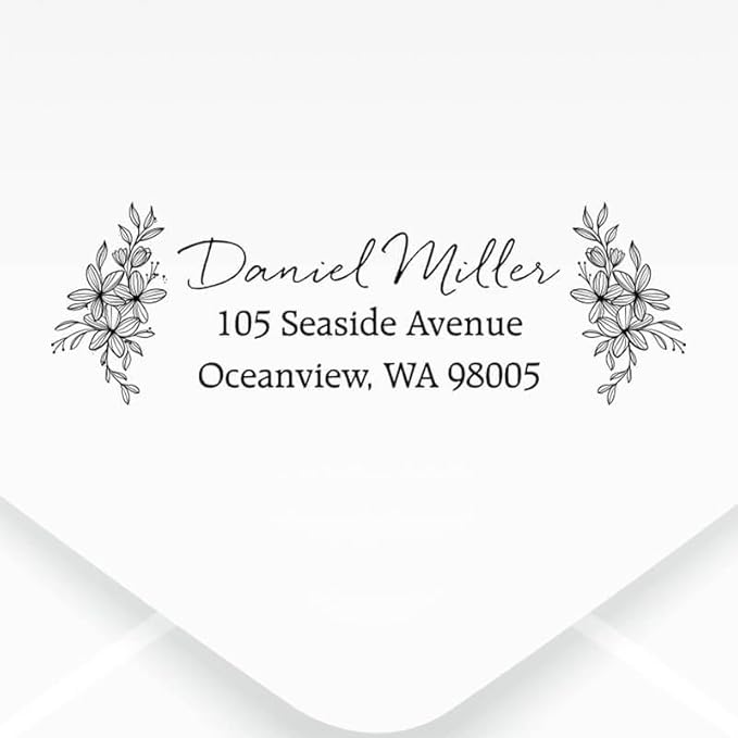 Custom Floral Address Stamp | Choose from 12 Designs | Multiple Ink Color Options | Envelope Return Address Stamp for Couple or Family (Design 9, Large)