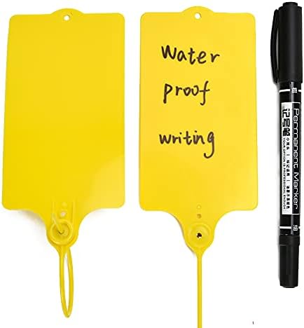 100 Plastic Shipping Tags - Waterproof, Writable, Hanging Tags with One Yellow Marker Pen