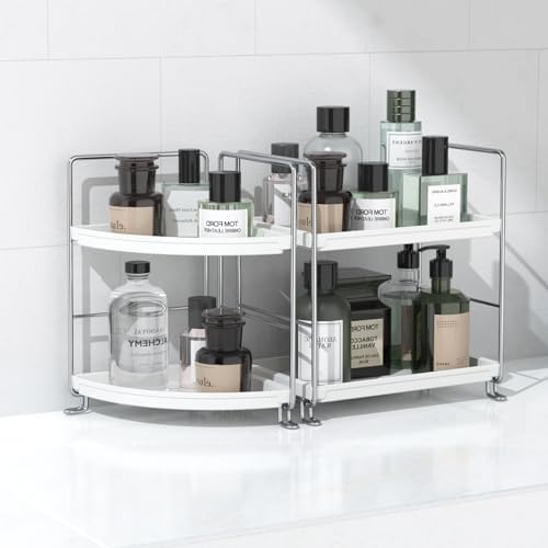 JANUS LiANG 2-Tier Corner Bathroom Countertop Organizer, Tiny Counter Corner Shelf Skincare Makeup Perfume Organizer and Organization for Kitchen (White)