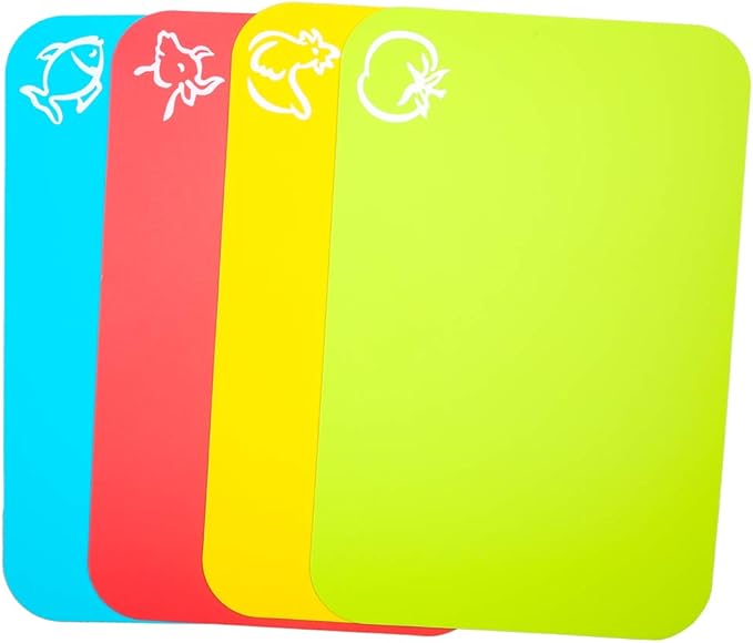Carrollar Small Flexible Plastic Cutting Board Mats, Cutting Boards Mats With Food Icons, Gripped Back and Dishwasher Safe, Set of 4 (7.5x11.4inch)