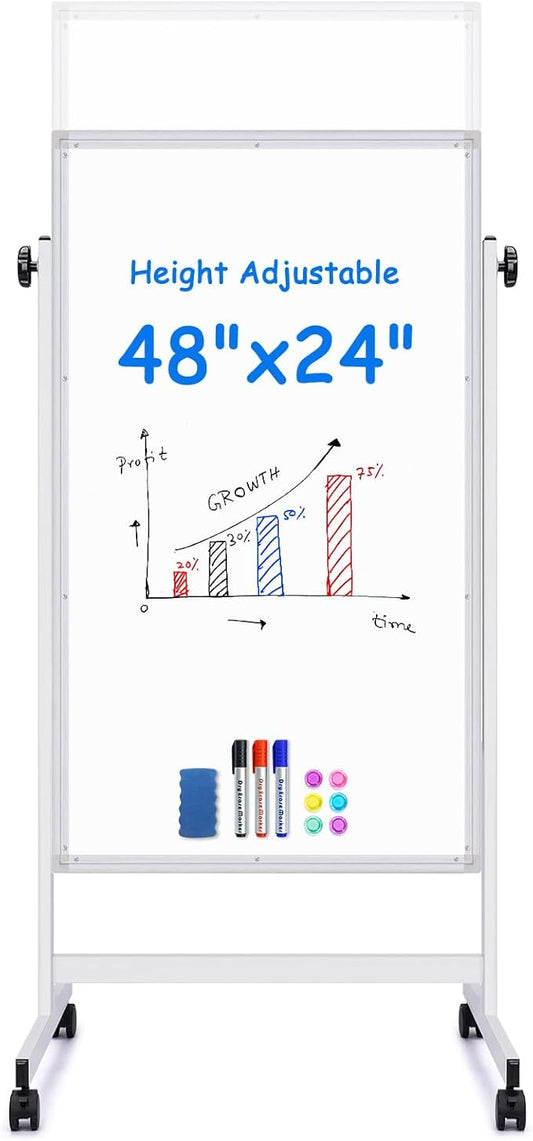 maxtek Rolling White Board, 48 x 24 Height Adjustable Whiteboard on Wheels, Large Magnetic Standing Mobile Easel Board, Double-Sided with Stand for Office, Home, and Classroom