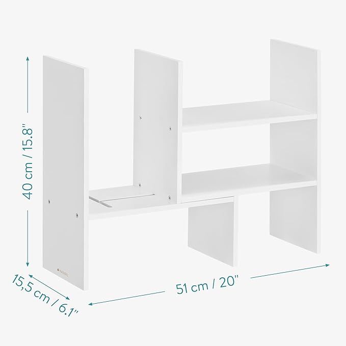 Navaris Desk Organizer Shelf Unit - Desktop Shelves for Table or Countertop - Free-Standing Adjustable Bamboo Shelving for Kitchen or Office - White