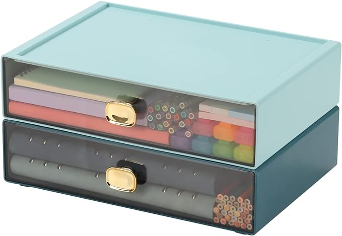 OSteed Spacious Desktop Storage Box, 1 Large Storage Drawer, Stackable Office Desk Drawer Organizer and Accessories, Printer Paper Organizer, Cyan Plastic Drawers for Workspace & Home