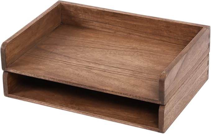 DDYURI Desktop File Trays Stackable Paper Tray for Letter/A4 Size Magazine - Wood Office Document Organizer Shelf - Wooden Folder Organization Rack Desk Tray Pack of 2 Dark(2CTP-DK)