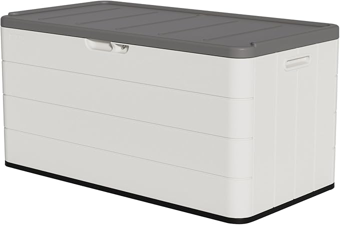 Decksplore 100 Gallon Outdoor Storage Box Waterproof Lockable Resin Deck Box Large, Patio Storage Bin for Pool Accessories Cushion Furniture, Garden Tools, UV-Resistant Outside Delivery Black&White