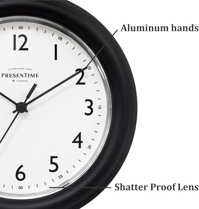 Presentime & Co. 8.5" Modern Farmhouse Essential Wall Clock, Silent Non Ticking, Black Color. (Wall Clock for Office, Home, Bathroom, Kitchen, Bedroom, and School)