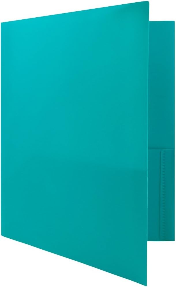 JAM PAPER Plastic Color POP Folders - 2 Pocket Durable Folders with Metal Prongs Fastener Clasps - Teal Blue - Bulk 96/Pack