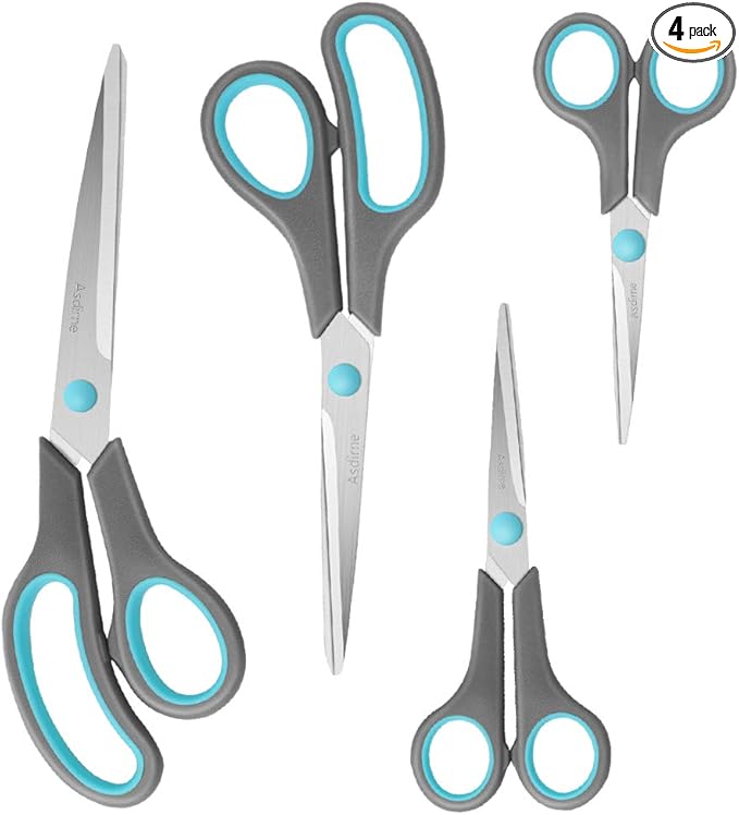 Asdirne Scissors Set of 4, Premium Stainless Steel Razor Blades, Ergonomic Semi-Soft Rubber Grip, Suitable for School, Office and Family Daily Use, 9.6''/8.5''/6.4"/5.4", Blue&Gray