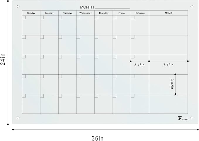 TOWON 36 x 24 Inches Tempered Glass Calendar Dry Erase Board for Wall, 3' x 2' Magnetic Whiteboard Calendar Planner for Office, Home, School Supplies, White