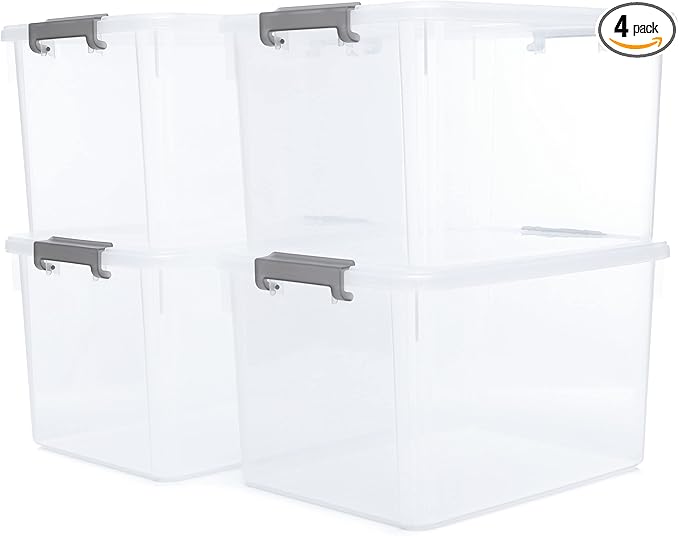 Citylife 32 QT Plastic Storage Bins with Latching Lids Stackable Storage Containers for Organizing Large Clear Storage Box for Garage, Closet, Kitchen, 4 Packs