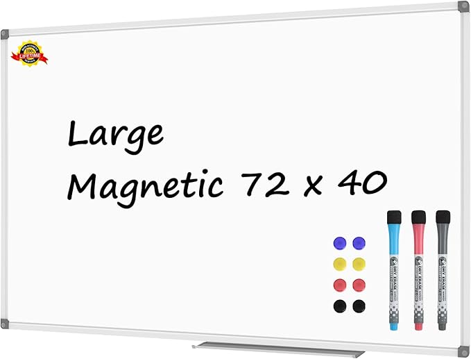 Lockways Large 72" x 40" Magnetic Dry Erase Board - Wall Mounted Whiteboard| White Board with Pen Tray, Aluminum Message Presentation Memo Board for Office & School