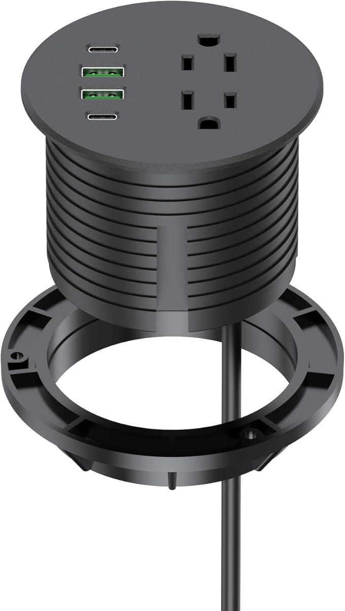 Recessed Power Grommet 3 inch With 65W USB C Ports 2 AC Outlets,Recessed Outlet Fast Charging Station,Desk Hole Grommet Outlets,Round Desktop Power Grommet Outlet for Office,Home (Black, 65W USB Port)