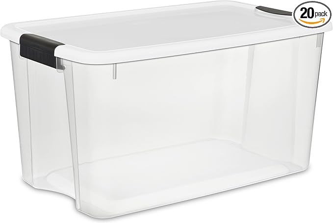 Sterilite 20-Pack Ultra Latching Box, Storage Bins with Lids, Clear Plastic, 70 Quart - Heavy-Duty Organizing Containers for Closet, Bathroom, and Office