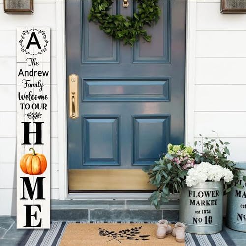 SRongmao Welcome To Our Home Porch Sign Personalized Welcome Sign for Front Door Custom Family Name Signs Standing Vertical Rustic Farmhouse Pumpkin Decor for Front Door Wall Decor