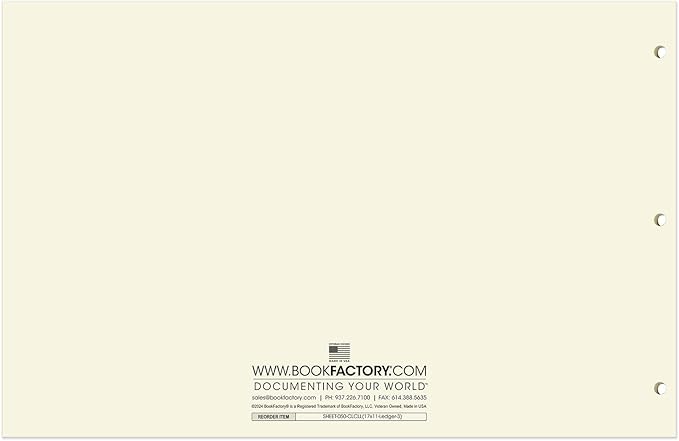 BookFactory Ledger Sheets/Large 3 Column Accounting Ledger Columnar (Three Columns) Loose Leaf Paper - 17'' x 11'', 50 Pages, Loose Leaf, 3 Hole Punched (Made in USA)