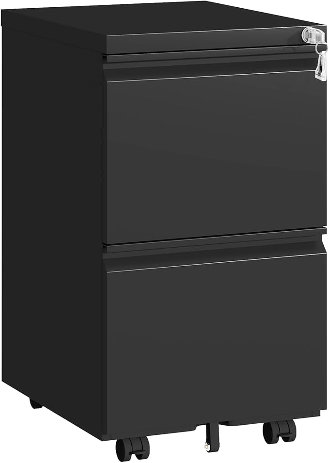 TEEALUBAN 2 Drawer File Cabinet with Lock,Under Desk Rolling Small Filing Cabinet for Home Office Storage, Mobile Steel Cabinets with Wheels, Fully Assembled, Black