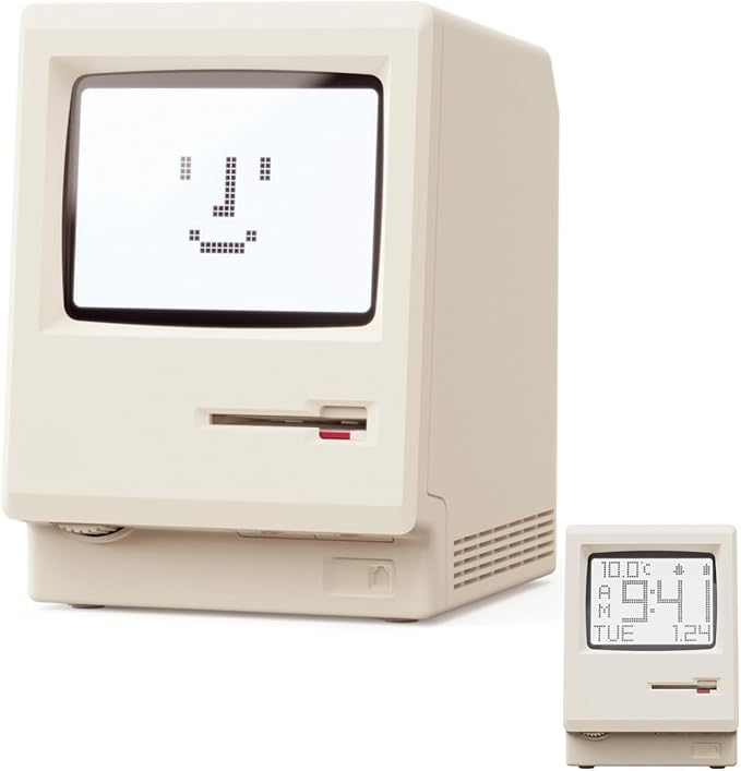 OIJ Maclock Retro Pixel Alarm Clock, 1984 Computer-Inspired USB Desk Clock with Pixel Display, Multiple Alarms, Adjustable Brightness, Calendar, Temperature