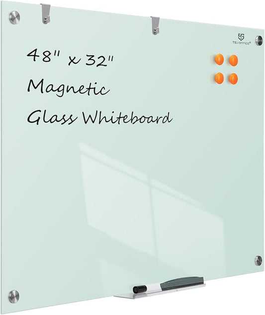 TSJ OFFICE Glass Dry-Erase Board - 48 x 32 Inches Wall Mounted Glass Magnetic Whiteboard, Large Frameless White Board for Office, Home & School