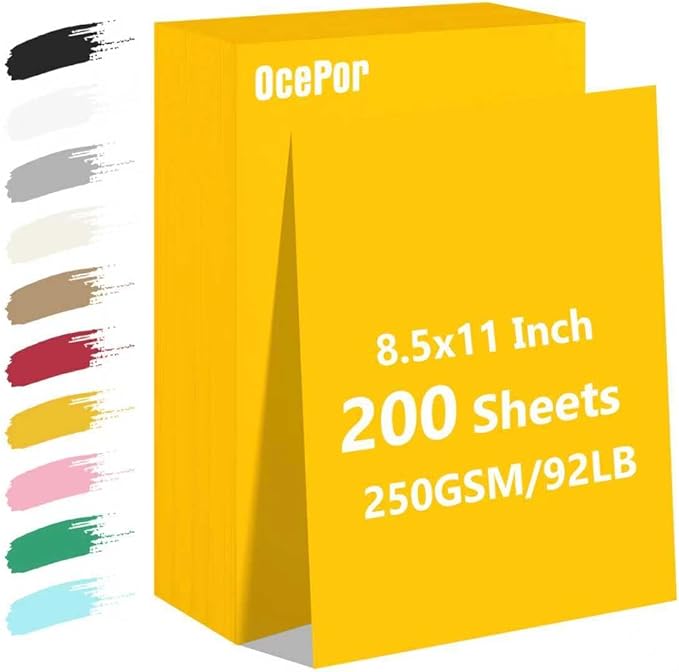 OcePor 200 Sheets Yellow Cardstock Paper, Colored Printer Paper 8.5 x 11, Card Stock Thick Construction for Craft,Scrapbook，Office Printing, Invitations, Certificates，92 lb/250gsm