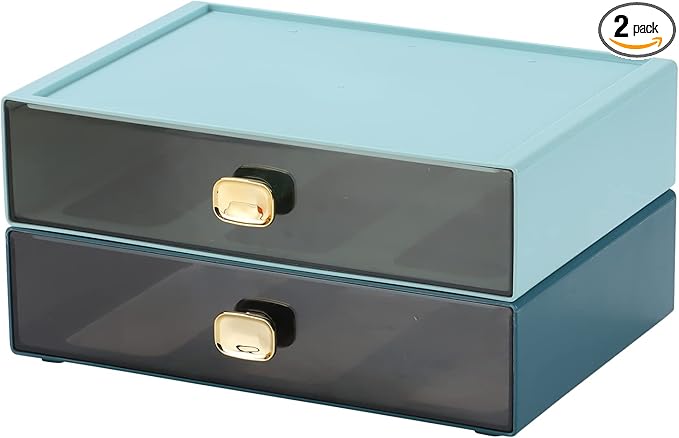 OSteed Spacious Desktop Storage Box, 2 Large Storage Drawers, Stackable Office Desk Drawer Organizer and Accessories, Printer Paper Organizer, Blue & Cyan Plastic Drawers for Workspace & Home