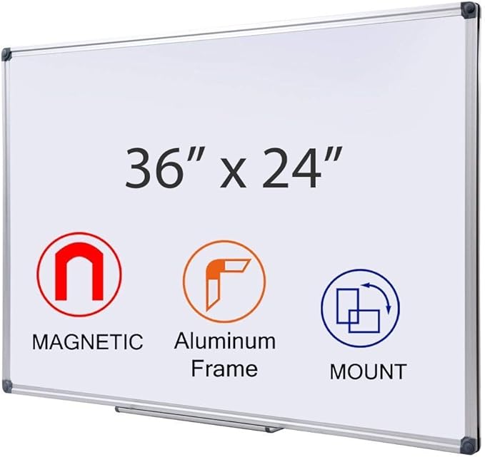 36 x 24 Inch Magnetic Dry Erase Board - Wall Mounted Anti-ghosting White Board for Home Office, Gym, Dormitory, Garage Daily Planning - Silver Aluminum Frame with Tray (3 x 2 Ft)