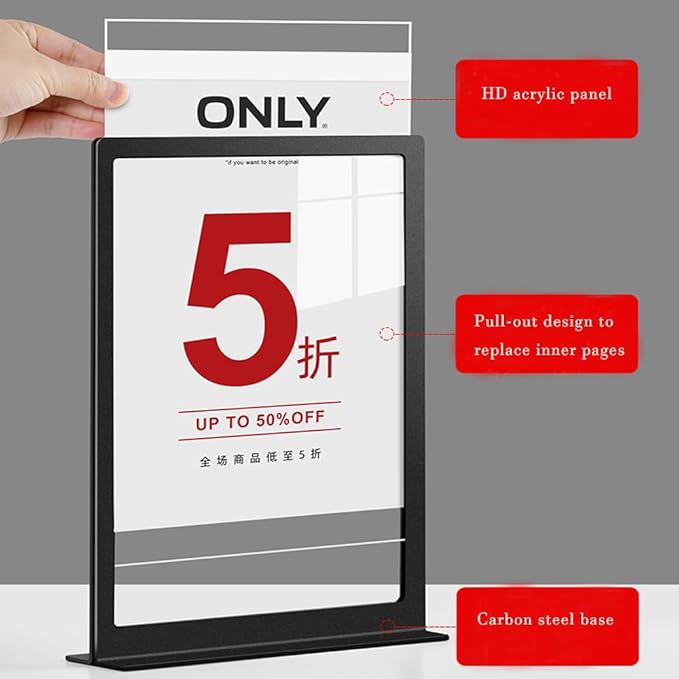 ECKEK Carbon Steel Sign Holder, Menu Displays Double Sided, Table Top Sign Stand (T Shape White A4 210×297mm/8.27×11.69 inches)