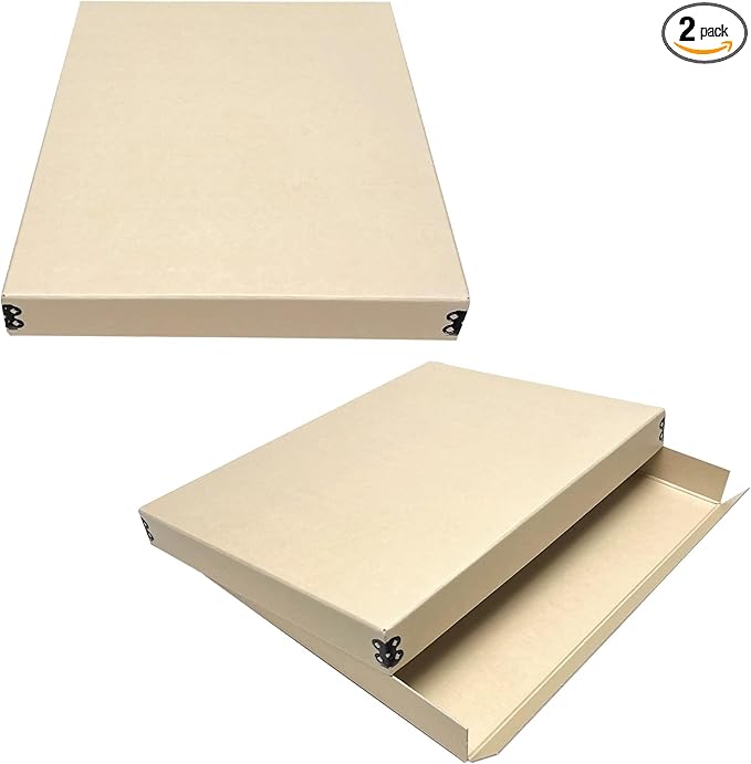 Lineco Museum Archival Storage Box, 11.75x15.25x1.5 in. Drop Front Design. Acid-Free with Metal Edge. Organize Photos, Pictures, Prints, Documents, Crafts, DIY. Tan, 2 Pack