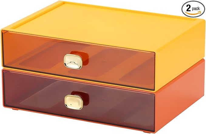 OSteed Spacious Desktop Storage Box, 2 Large Storage Drawers, Stackable Office Desk Drawer Organizer and Accessories, Printer Paper Organizer, Orange & Yellow Plastic Drawers for Workspace & Home