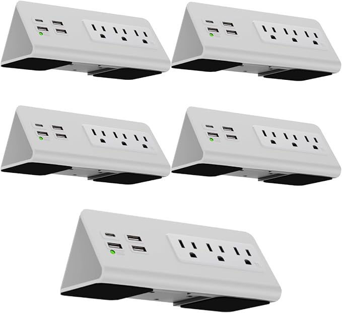 Kable Kontrol Desk Clamp Power Strip with USB-C Port, Nightstand Charging Station, 3 AC Outlets, 3 USB-A Ports, Fast Charger, Easy Installation for Home, Offices, Hotels – 4.9 Ft, White, 5 Pcs