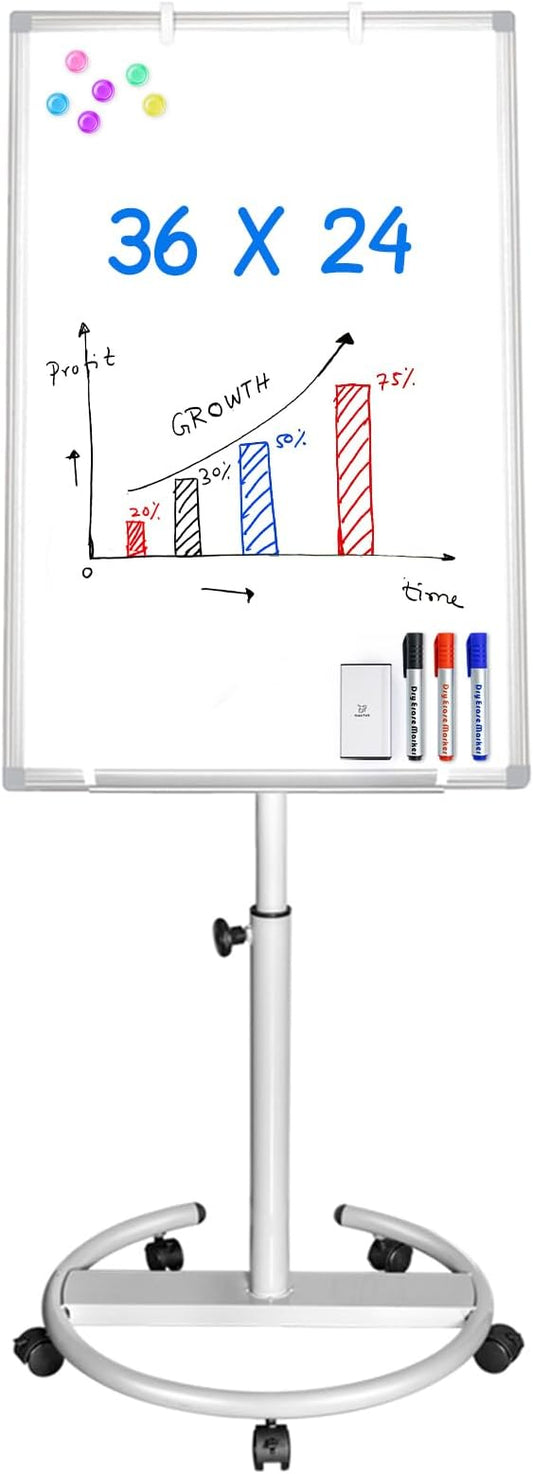 Mobile Whiteboard – 36 x 24 inches Portable Magnetic Dry Erase Board, 3' x 2' Stand Easel White Board Dry Erase Easel Standing Board with Flipchart Hooks