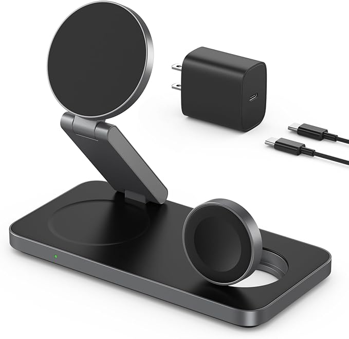 VBA 3 in 1 Wireless Charging Station for Apple MagSafe Charger,Foldable Fast Charging Magnetic Wireless Charger Stand,Travel Charger for iPhone 17 Air 16 15 14 13 12,Apple Watch,AirPods (Black)