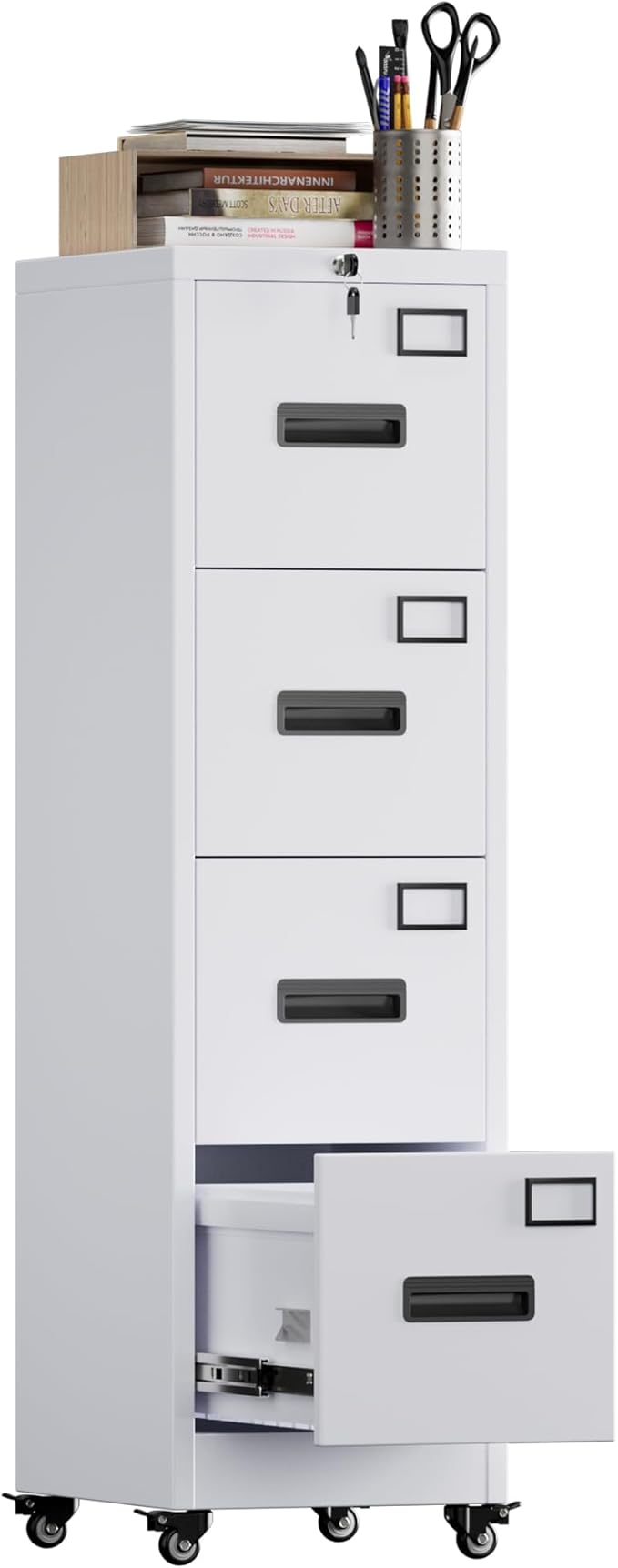 METAN 4 Drawer File Cabinet on Wheels, Lockable Metal Filing Cabinet with Handle and Name Card for Office Home,Assembly Required,White
