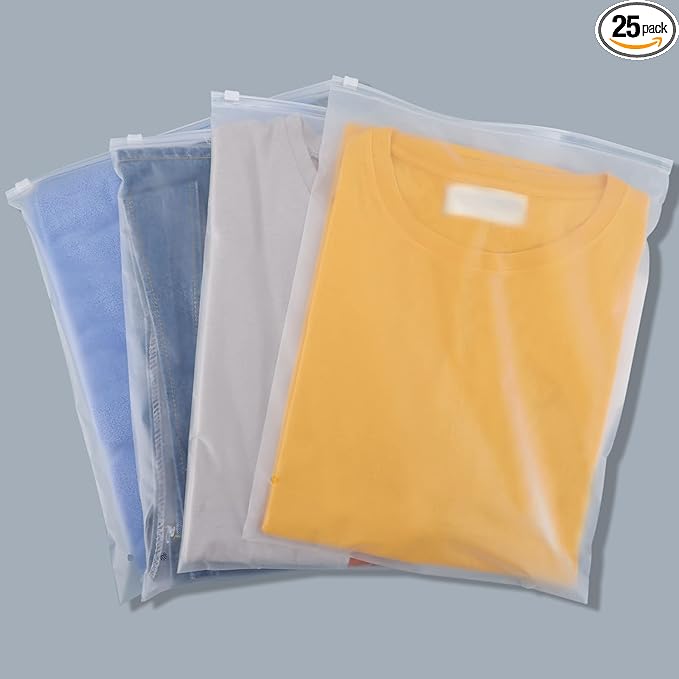 Svaldo Clothes Packaging Bags for Shipping, 25 Count 11x15 inch Frosted Zipper Plastic Bags for Clothing, Thick Plastic Apparel Bag for Packaging T-Shirt, Shirt, 3 Mil, with Vent Holes Storage Bag