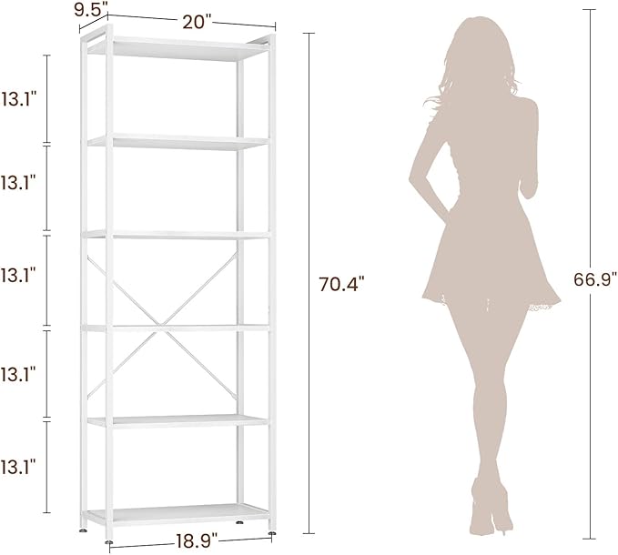 Casaottima Book Shelf, 6 Tier Tall Bookshelf, Modern Wood Bookcase Shelves for Bedroom, Industrial Display Shelf for Living Room Home Office Kitchen, Standing Shelving Unit Storage Organizer, White