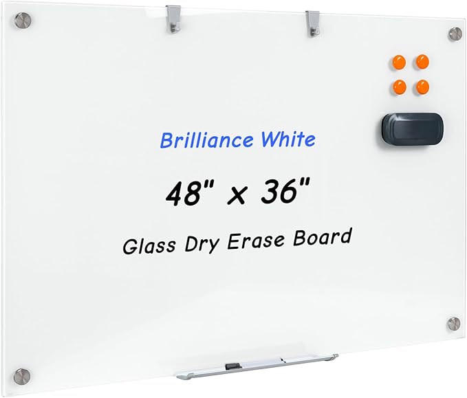 48 x 36 Inches Glass Whiteboard, Magnetic Glass Dry Erase Board for Wall, 4' x 3' Brilliance White Board for Office, Home, School