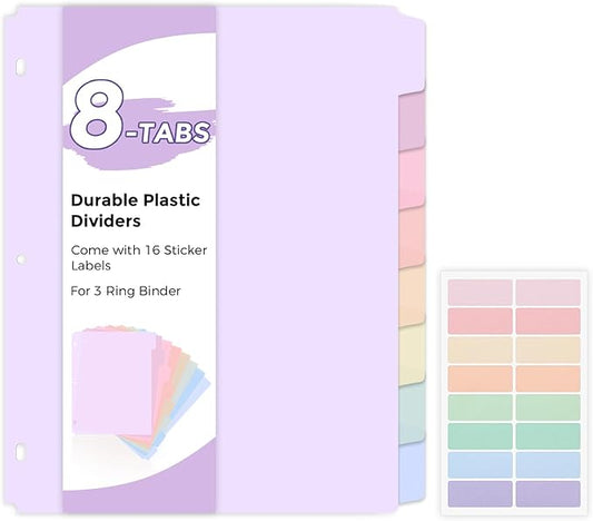 SKYDUE Durable Plastic 8-Tab Dividers, Big Tab Dividers for 3 Ring Binder, Write & Erase 3 Ring Binder Dividers with Tabs, with Sticker Labels, 1 Set, Pastel Color (Purple)